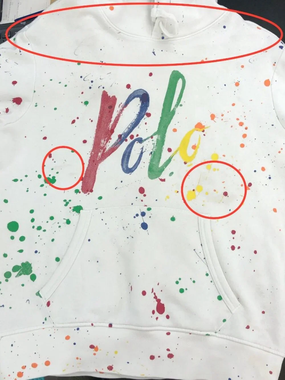 Polo Ralph Lauren Hoodie Men S Paint Splatter Logo White Pullover Pocket BLEMISH